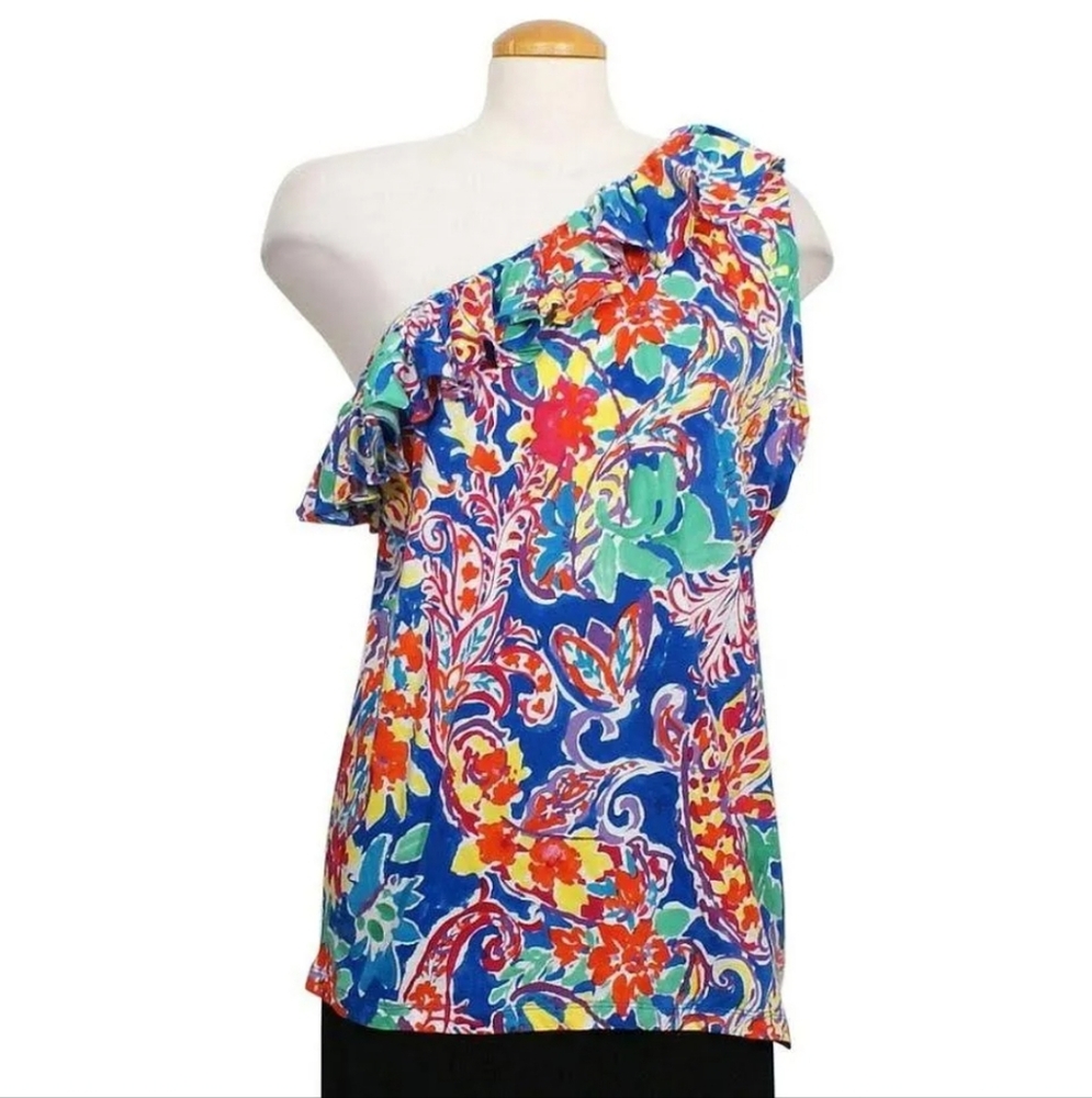 Ralph Lauren Petite Blue Floral Paisley One Shoulder‎ Tank Size XS